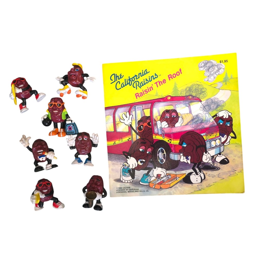 Vintage 1988 California Raisins 7 PVC Figures & Raisin The Roof Book Set 80s Toy
